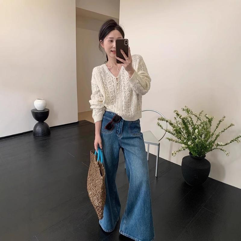 White V-neck Hollow Knitted Cardigan Coat Sweater Women's Thin Spring and Autumn Top