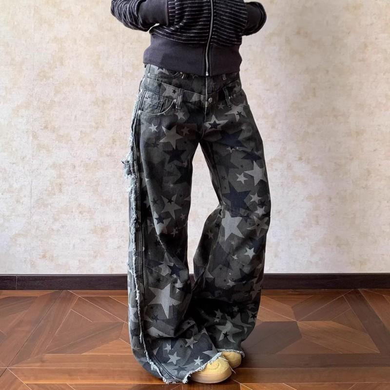 Camouflage Wide Leg Denim Pants Women High Waist Loose Fit Street Style Trousers