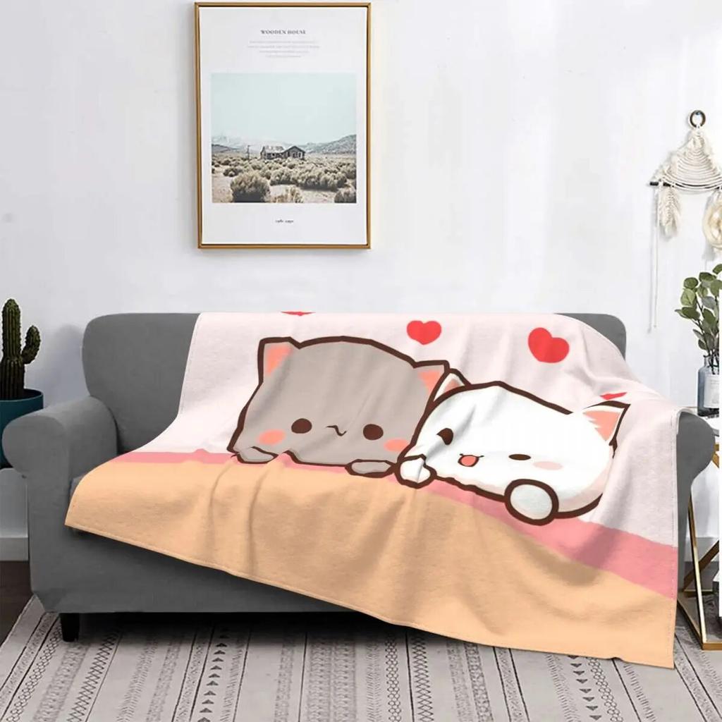 Peach And Goma Mochi Cat Teppe Korallfleece Plysj Høst/Vinter Bærbart Tynt Kasteteppe til Hjem Soverom Plysj Tynt Dyne