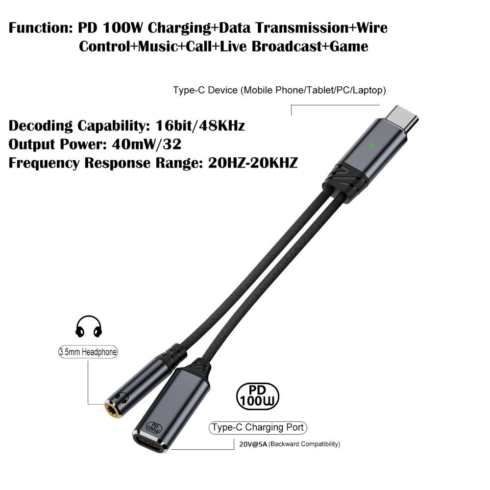 PD 100W Headphone Cable Converter Data Transmission Fast Charging Cord for Mobile Phone Tablet
