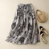 Real shot summer new literary and retro loose printing elastic waist skirt women's medium and long