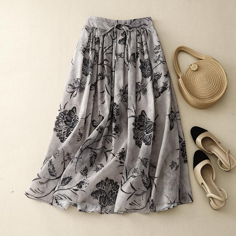 Real shot summer new literary and retro loose printing elastic waist skirt women's medium and long