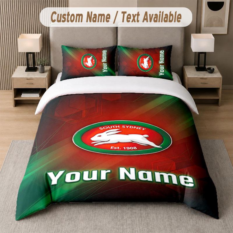 Set Biancheria da Letto Personalizzato Modello South Sydney Rabbitohs, Stampa Nome Testo 1 Copripiumino più 2 Federe Tessile per la Casa