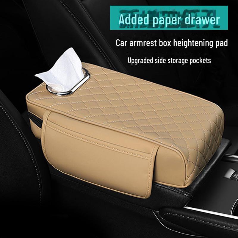 Nappa Leather Diamond-Stitched Car Armrest Cushion with Tissue Storage