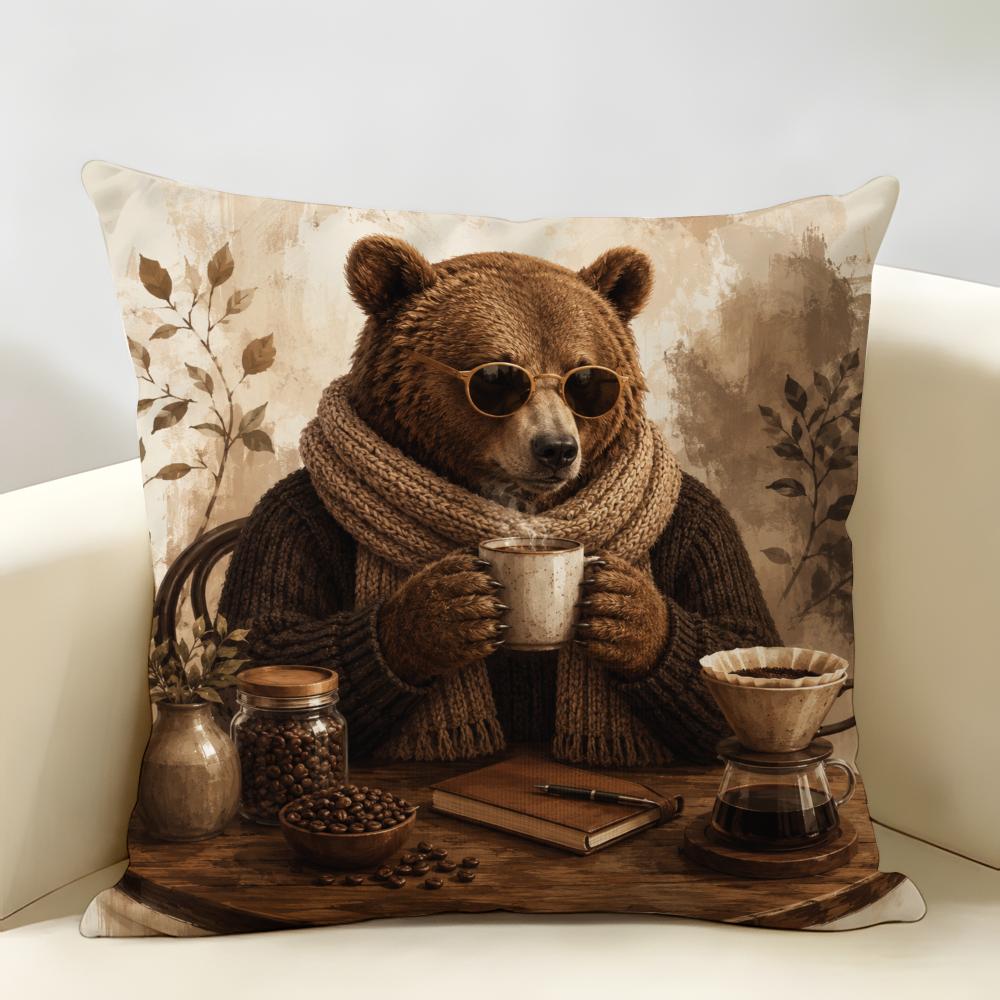 Cool Funny Bear Coffee Cushion Cover Durable Hypoallergenic Organic Linen Pillow Cover Short Size Washable Skin-Friendly