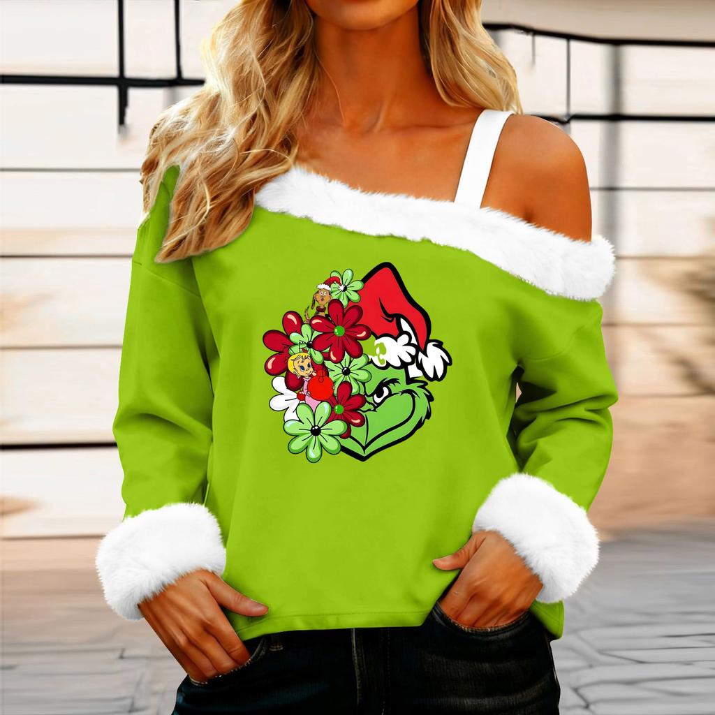 Women's Casual Fashion Sexy Off-Shoulder Collar Christmas Pattern Long Sleeve Crewneck T-Shirt Top