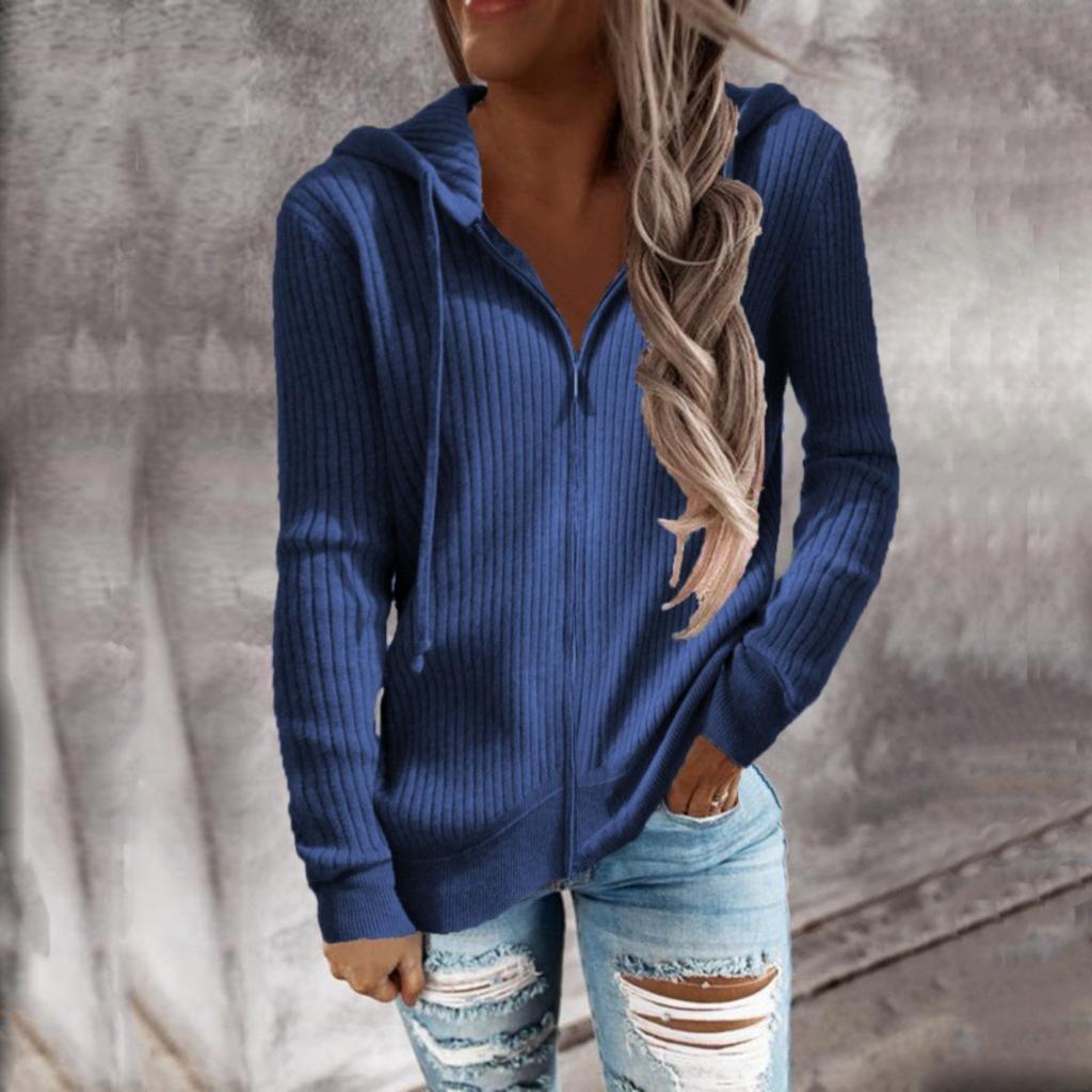 2025 Autumn Winter New Striped Casual Loose Fit Knitwear Zip Up Cardigan Long Sleeve Hooded Sweater for Women