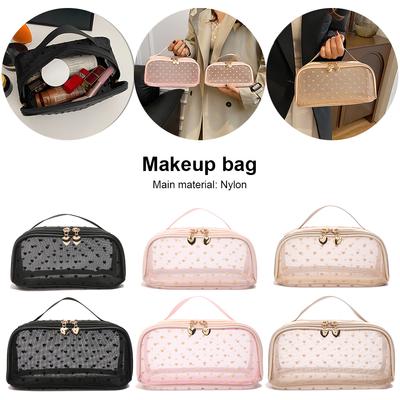 Heart Print Mesh Makeup Bags Zipper Women Mesh Cosmetic Bags Makeup Pouches Bags Items Storage Bags Travel Cosmetic Accessories