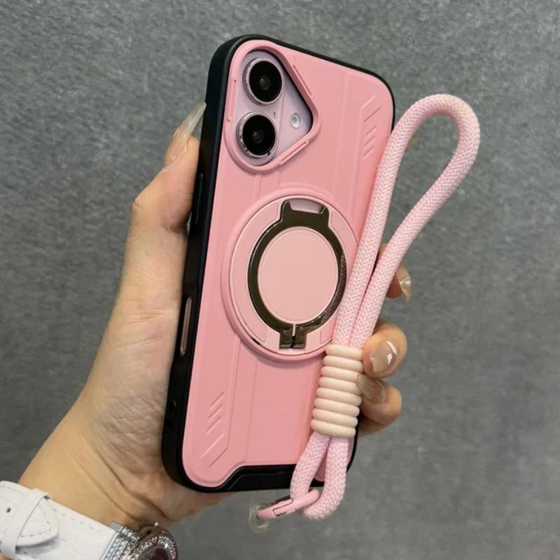 New Armor For Magsafe Magnetic Ring Stand Phone Case For iPhone 16 15 14 13 12 11 Pro Max With Wrist Strap Cord Shockproof Cover