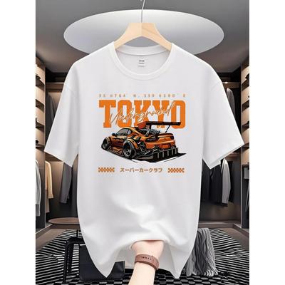 Men's Lightweight Breathable Polyester T-shirt - Tokyo Racing Pattern Printed White Short Sleeved Casual Top, Summer Travel