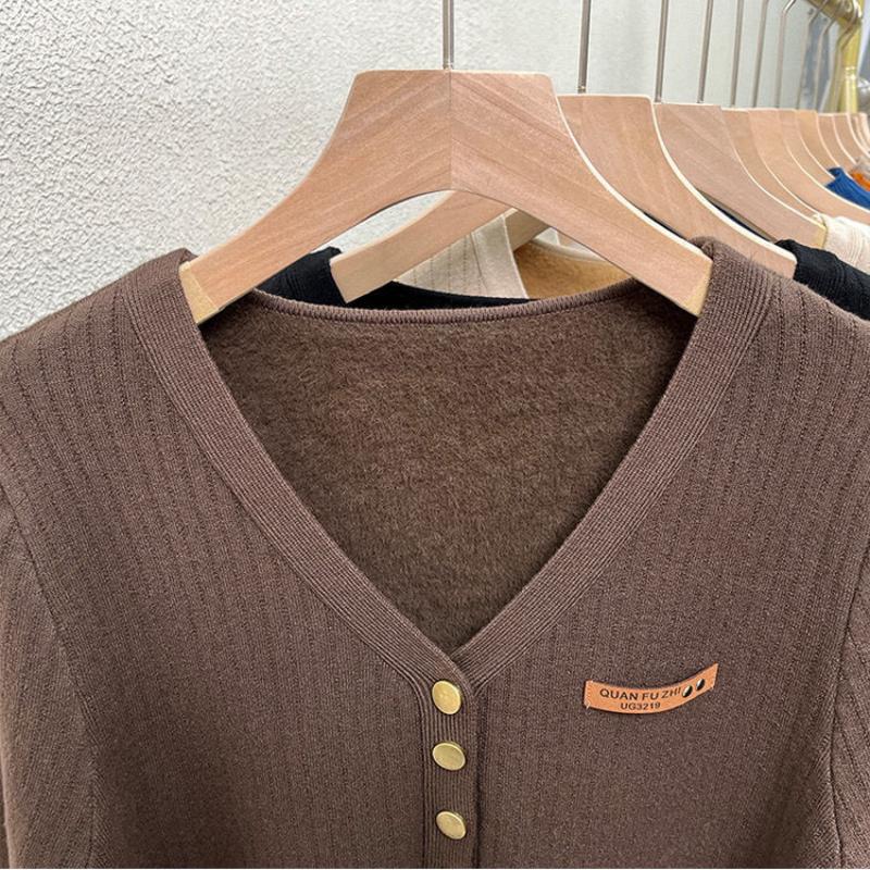 Fashion Plus Velvet Padded Sweater All Match Casual Knit Bottoming Shirt Women Autumn Winter Elegant Slim V-neck Tops