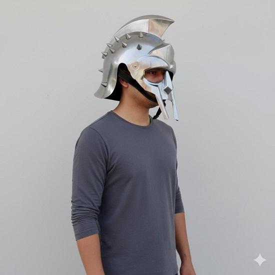 Roman Gladiator Helmet Silver, Handmade Maximus Armor Replica, Wearable Steel Helmet for Cosplay, LARP, Display Historical Fans