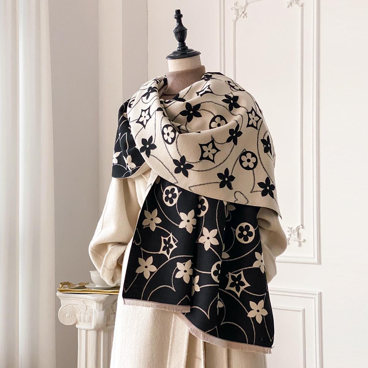 Роскошный женский шарф с двухсторонним принтом, мягкий теплый пашминовый платок с цветочным узором, зимний уличный непродуваемый шарф-одеяло