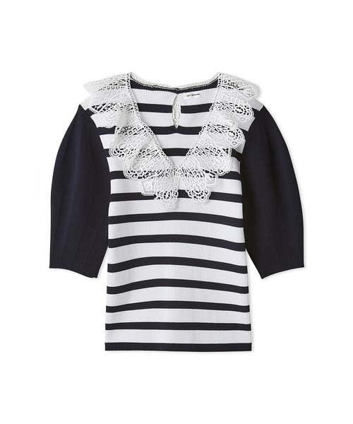 Lily Brown Border Knit Top LWNT252021 Women's Lace-Collar