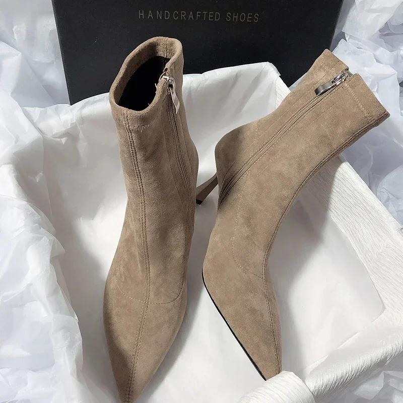 Pointed Toe Sock Short Boots Fashion Side Zipper  Ankle Booties Thin High Heel Autumn Winter Ladies Shoes