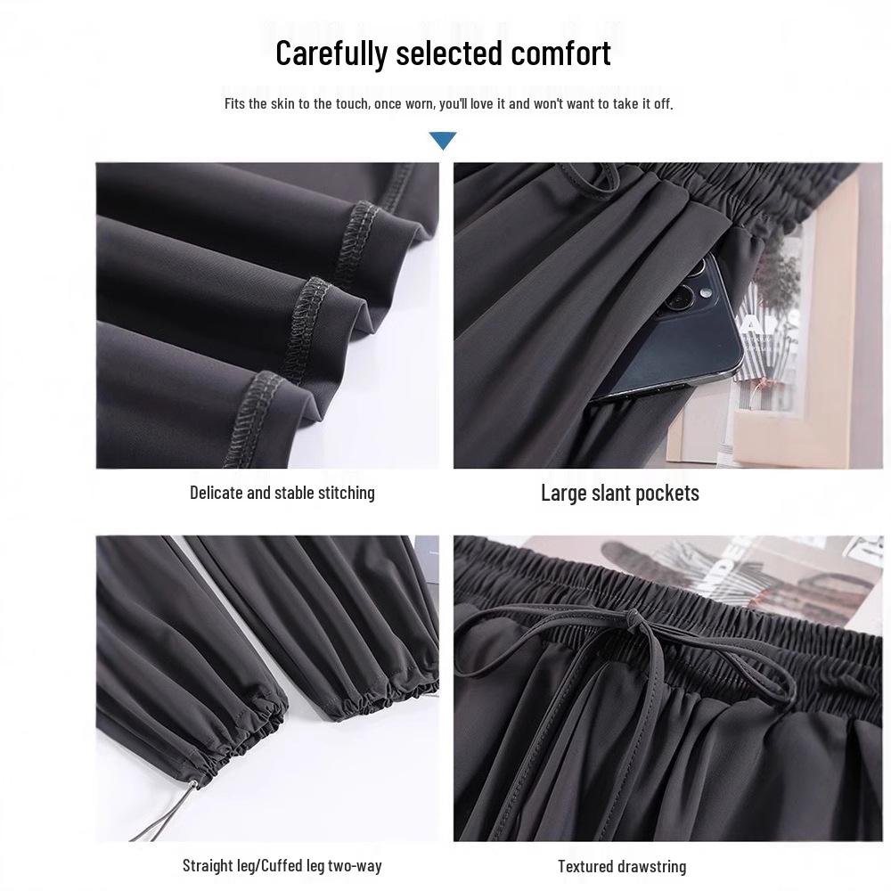Women's Summer Ice Silk Blue Wide-Leg Mosquito-Proof Cuffed Casual Pants