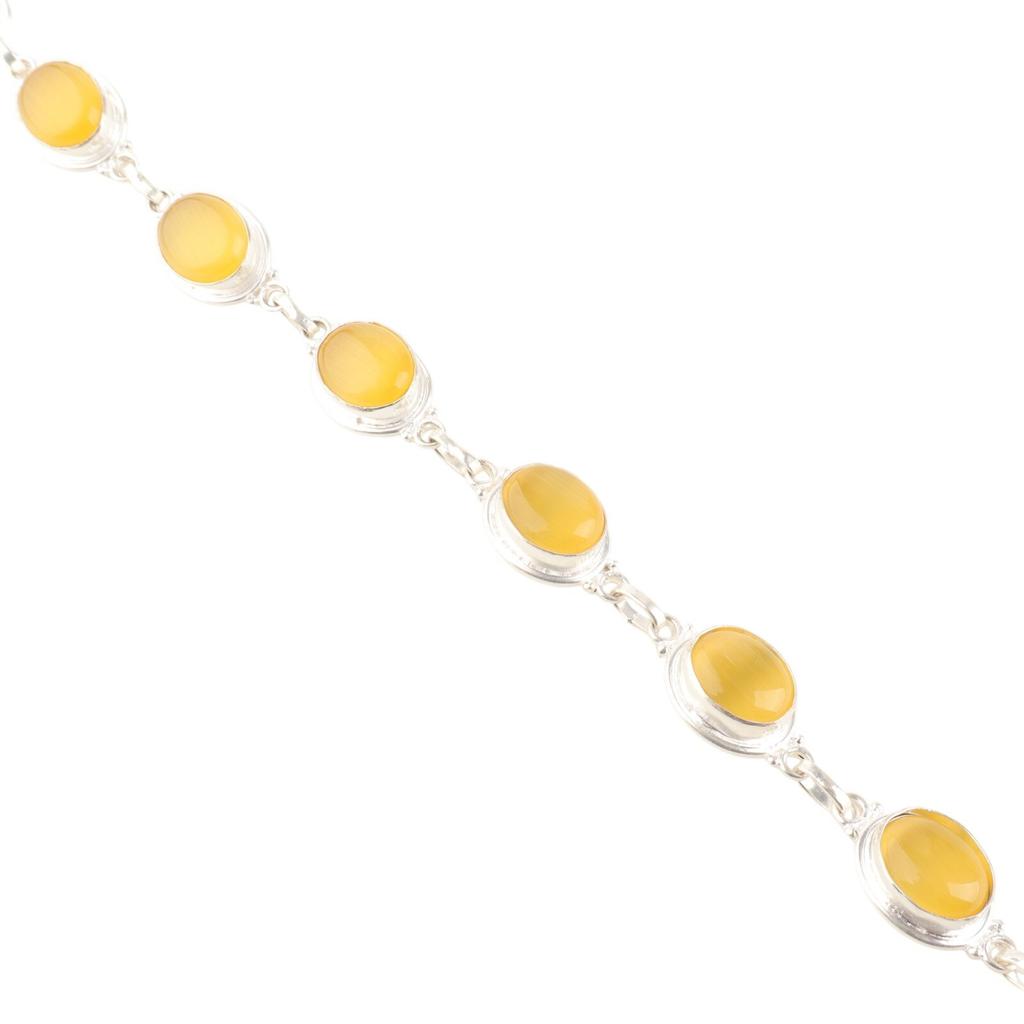 Natural Yellow Cat's  Eye Gemstone 925 Sterling Silver Handcrafted Bracelet 8.5" RB-3-26