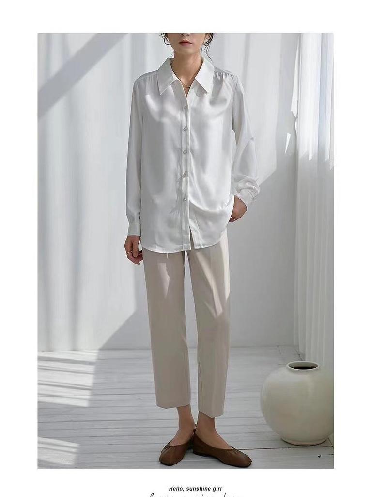 Women's Long-Sleeve White French Shirt - Spring/Autumn, Wrinkle-Resistant, Elegant Draped Style