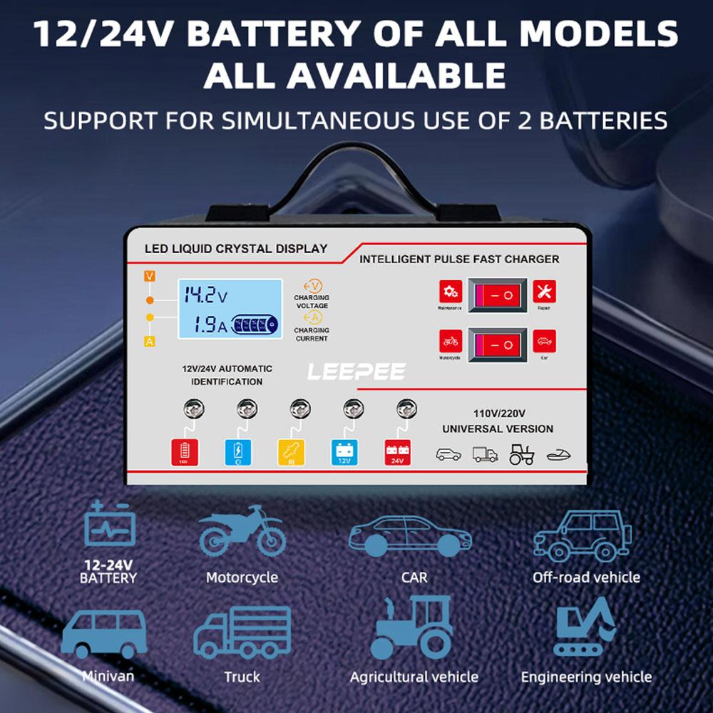Multiple Protection 12V 24V 6A Overvoltage Protection Intelligent Pulse Repair Digital LCD Display Voltage Temperature Detection Car Battery Charger