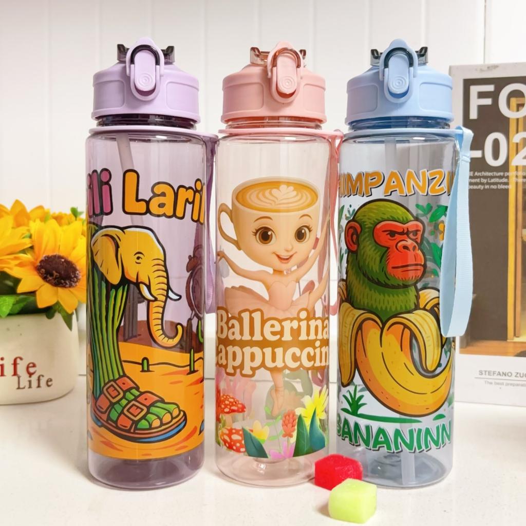 750ML Italienische Brainrot Wasserflasche Outdoor Trinken Cartoon Sportbecher Tung Tung Tung Sahur Tralalero Tralala Weihnachtsgeschenk