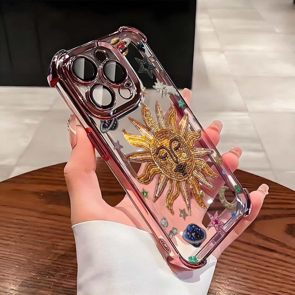 Retro Sun Star Pattern Electroplate AntiDrop Phone Case For iPhone 16 Pro Max 15 14 Plus 13 12 11 17 Air 16E Transparent Cover