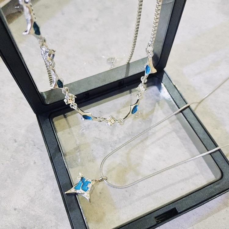 2025 Blue-Green Double-Layer Star Necklace: Unique Niche Design & Fashionable Sweater Chain for Women.