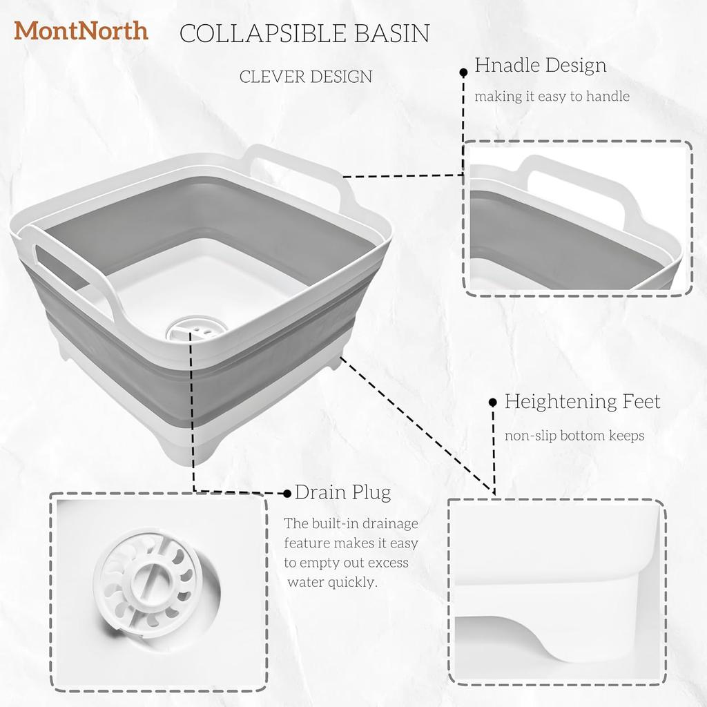 Collapsible Wash Basin 9L, Foldable Dish Tub with Drain Plug, Portable Collapsible Dish Basin, Camping Sink for Washing Dishes, Laundry & Kitchen