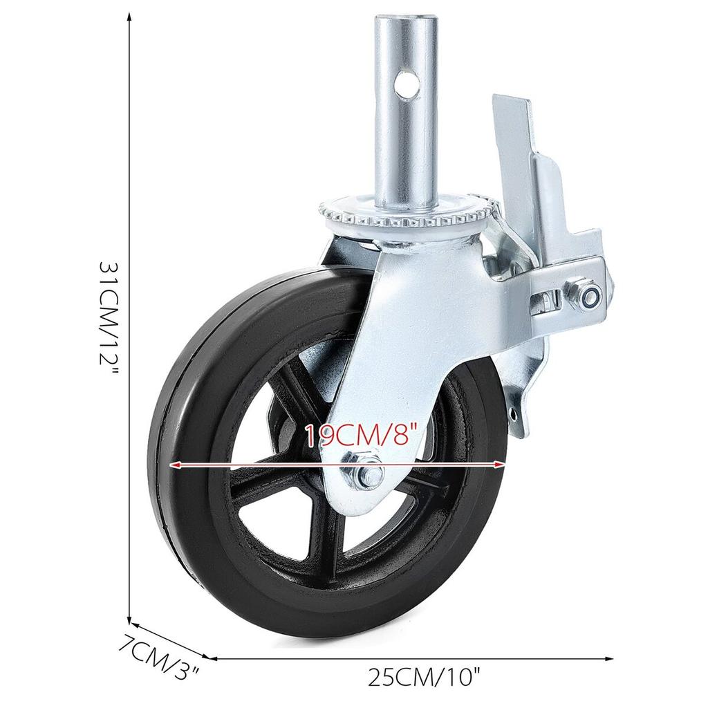 4 Pack 8" X 2" Heavy Duty Scaffolding Rubber Swivel Caster With Dual Locking 1100LBS Capacity Per Wheel