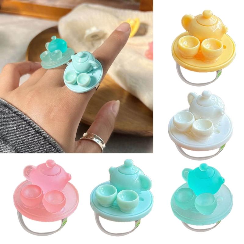Simulation Kettle Tea Set Rings Adjustable Finger Rings New Chinese Style Adorment Stackable Rings Accessory for Women