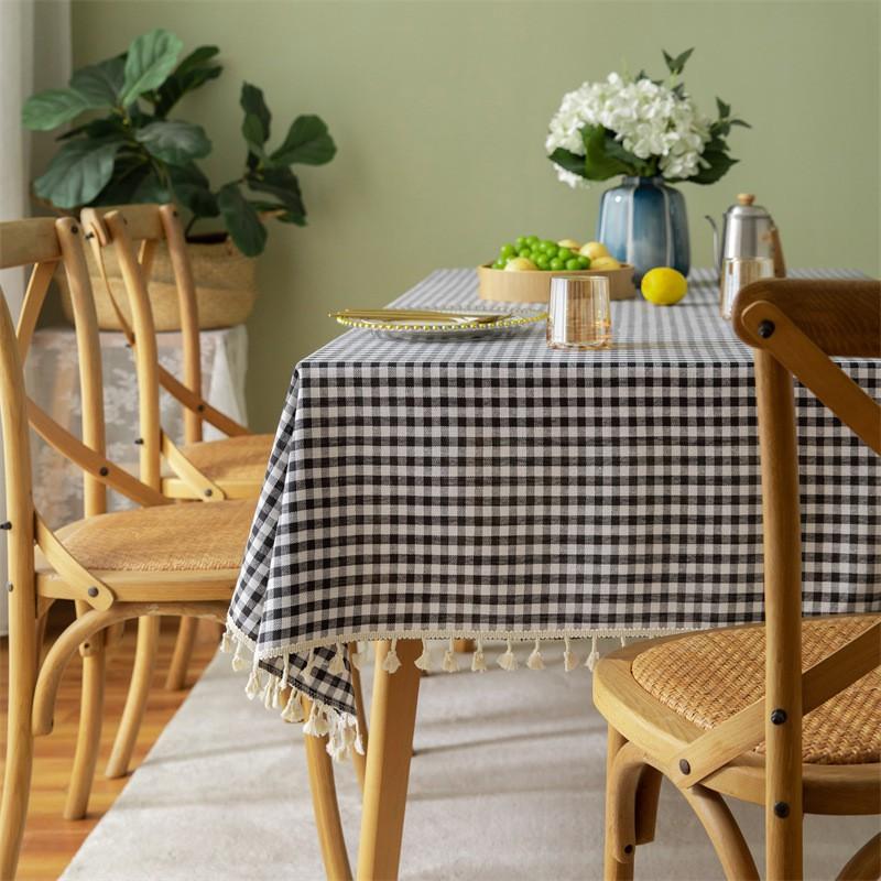 Linen Cotton Plaid Tablecloth With Tassel Trim Rectangular Dining Table Cover Nordic Minimalist Home Decor