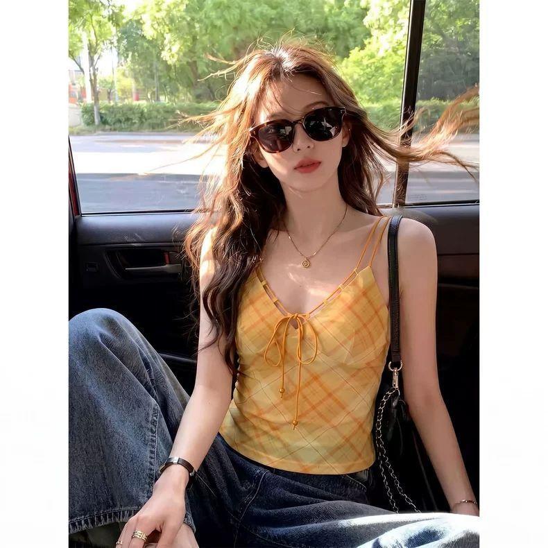 Yellow plaid slim-fitting short vest women's straps V-neck double thin shoulder straps thin versatile sweet and spicy sleeveless top