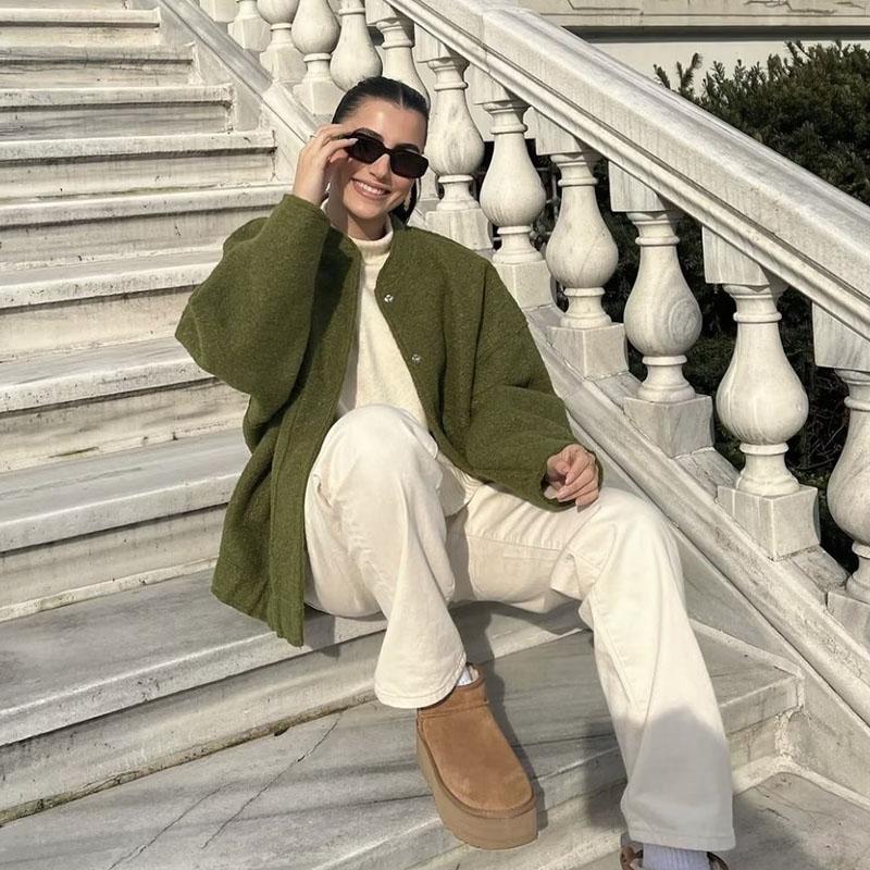 Women Fashion Vintage Pockets Woolen Jacket Autumn Casual Solid Long Sleeve Coat Snap Button Loose Outerwear