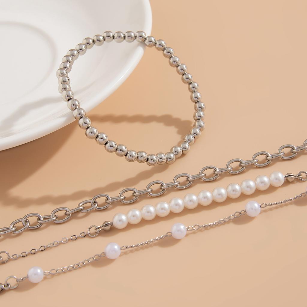 ins style multi-layer chain bracelet hand jewelry, imitation pearl beaded stacked bracelet set women