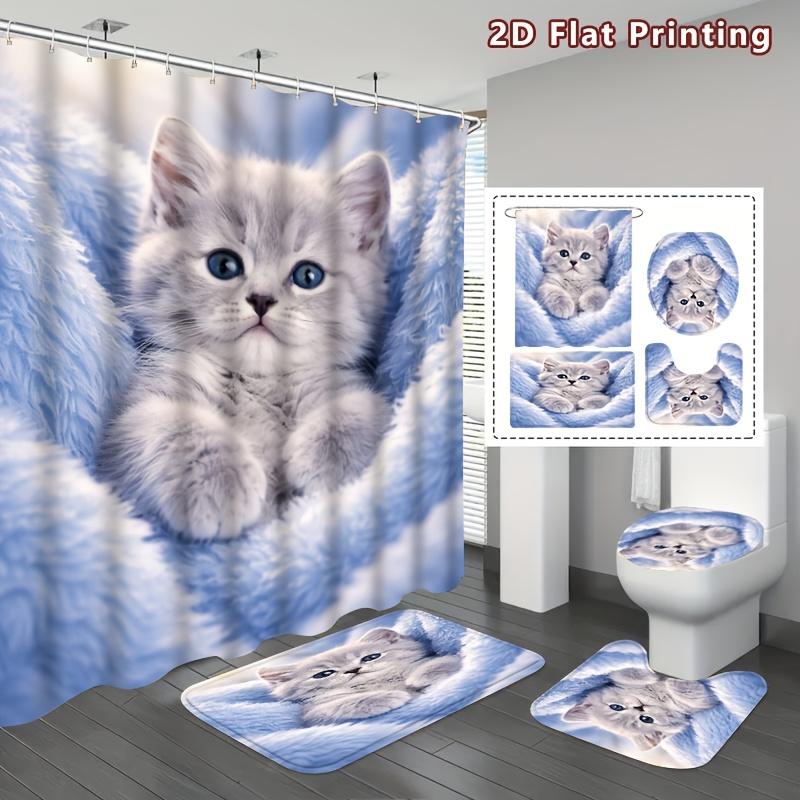 4Pcs Adorable Kitten Shower Curtain Set with Non-Slip Bath Mat, Toilet Lid Cover, Contour Rug & 12 Hooks, Bathroom Decor