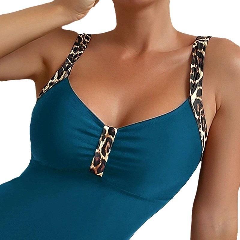 Fashionable V Neck Leopard Print Strap One Piece Swimsuit Tummy Control Bathing Suit