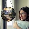 Stained Glass Window Hanging, Sunset Mountains Lake Tree Sun Catcher for Window Home Decor Landscape Suncatcher Mother's Day Birthday Gifts 7.8 in