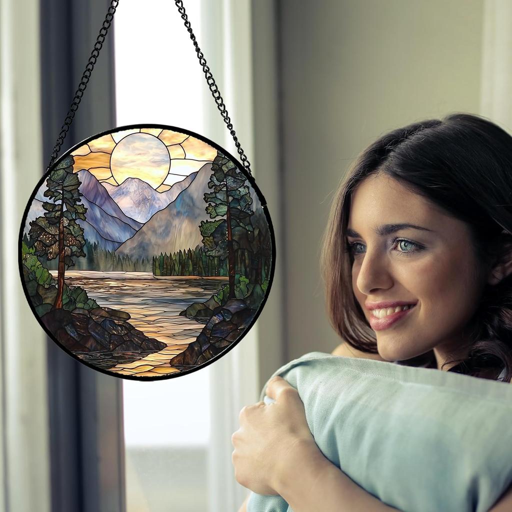 Stained Glass Window Hanging, Sunset Mountains Lake Tree Sun Catcher for Window Home Decor Landscape Suncatcher Mother's Day Birthday Gifts 7.8 in
