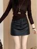 Women's High Waist A-Line PU Leather Skirt - Sexy Autumn/Winter Short Skirt with Hip Wrap Design