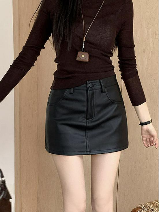 Women's High Waist A-Line PU Leather Skirt - Sexy Autumn/Winter Short Skirt with Hip Wrap Design