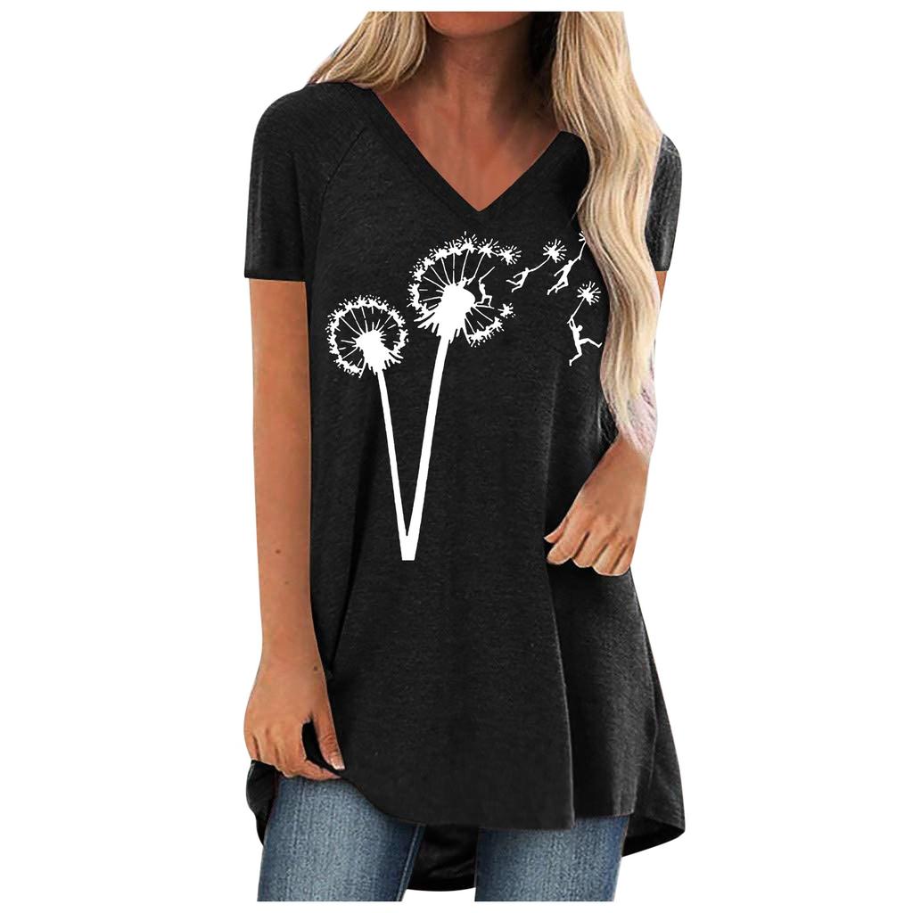 Women Fashion Casual Print V-Neck Loose Short Sleeve T-shirt Top Blouse Pullover