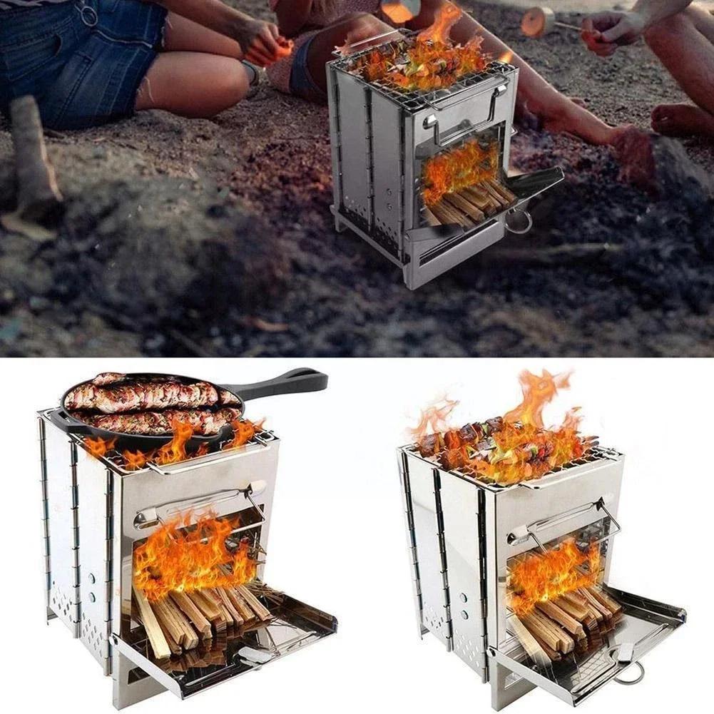Portable Stainless Steel Mini BBQ Grill - Foldable Charcoal & Wood Stove for Camping, Outdoor Cooking & Heating, Compact Design