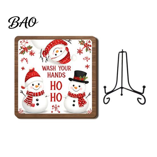Christmas Hanging Ornament Wooden Tabletop Decor, 2D Pet Santa with Iron Stand, Rustic Xmas Party Holiday Sign for Home And Cafe Festive Shelf, Solid