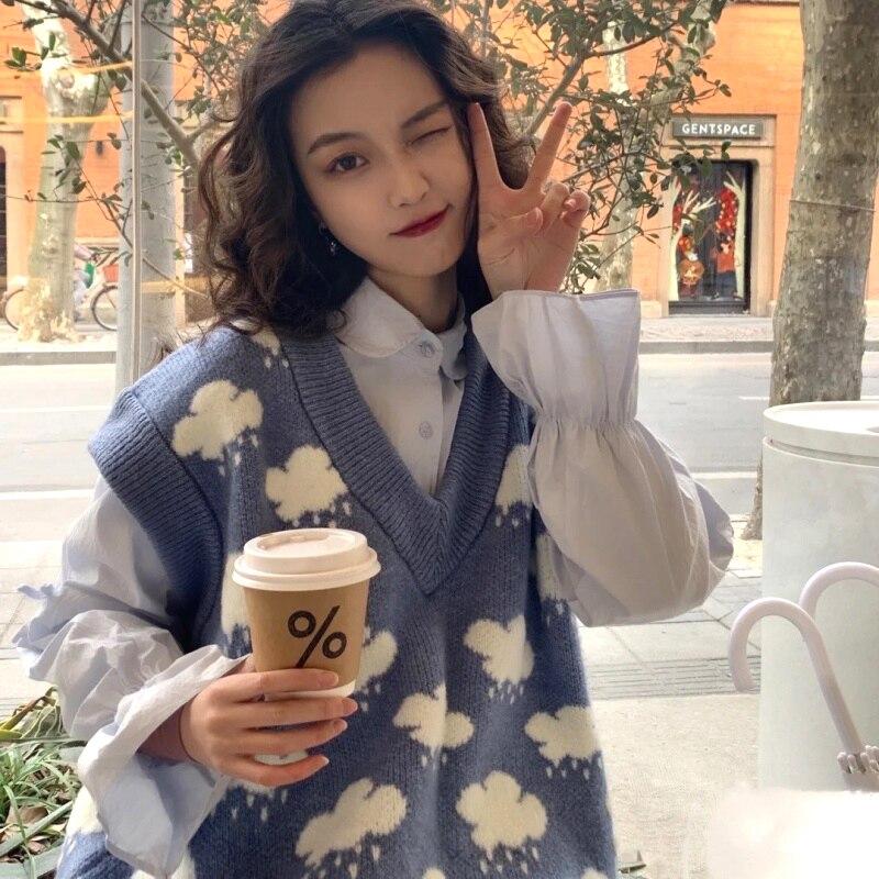 Autumn Knitted Pullover Sweater Vest Women Sleeveless Cloud Print V-neck Sweaters Loose Knit Vest Top Winter Clothes Women