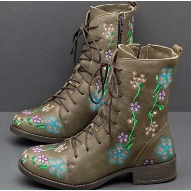 Martin Stiefel Herbst und Winter Europäisch und Amerikanisch Flacher Boden Dicker Absatz Schnürstiefel Kurze Stiefel Bestickte Damenstiefel