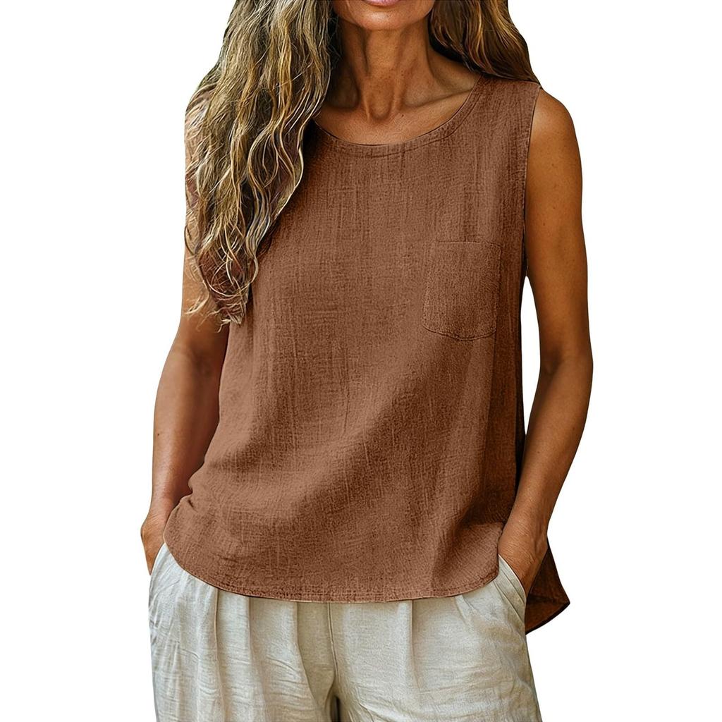 Women's Fashionable Casual Round-Neck Sleeveless Top: Plain-Coloured Cotton-Linen T-Shirt With Pockets