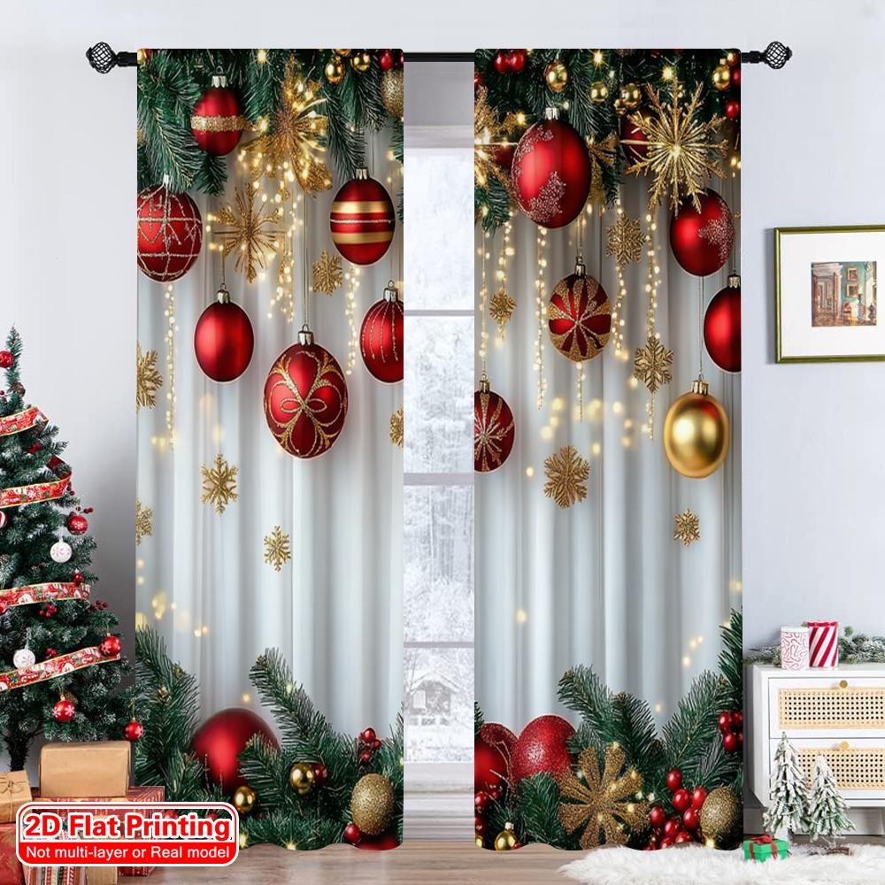 Set Of 2 Flat Printing Merry Christmas Scene Curtains Red Gold Ball Pine Branch Snowflake Polyester Without Curtain Made Machine Washable