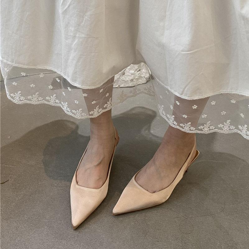 Fashion Fashion Silk Women Medium Heels Sandals Shoes Female Pointed Toe Footwear Shallow Ladies 3.5CM Heels Sandals Slip On Shoes Pumps