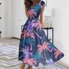 Women's Summer Leaf Floral Printed V-Neck Long Dress Dress