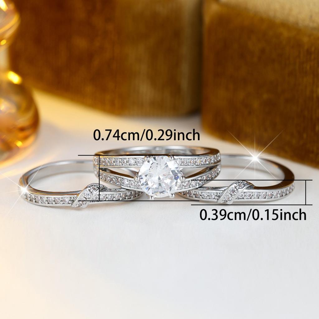Shining Round Stone White Zircon Rings Sets for Women Vintage Silver Color Engagement Ring Wedding Jewelry Bridal Versatile Gift