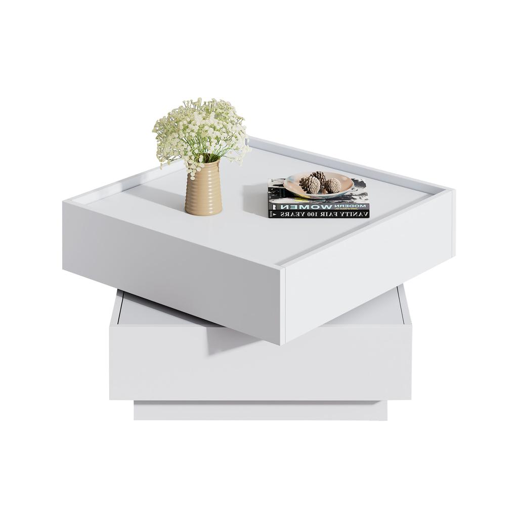 Functional Coffee Table for Living Room, 360 degrees Rotatable, Rotating Tabletop with 2 Shelves and Storage Space, Side Table Frame Pure White